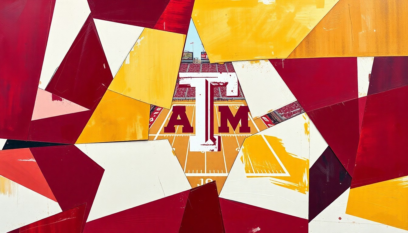 A cubist, geometric painting depicting a Texas A&M football game, with the players and field broken down into overlapping planes of maroon, white, and gold colors, capturing the dynamic energy of the sport.