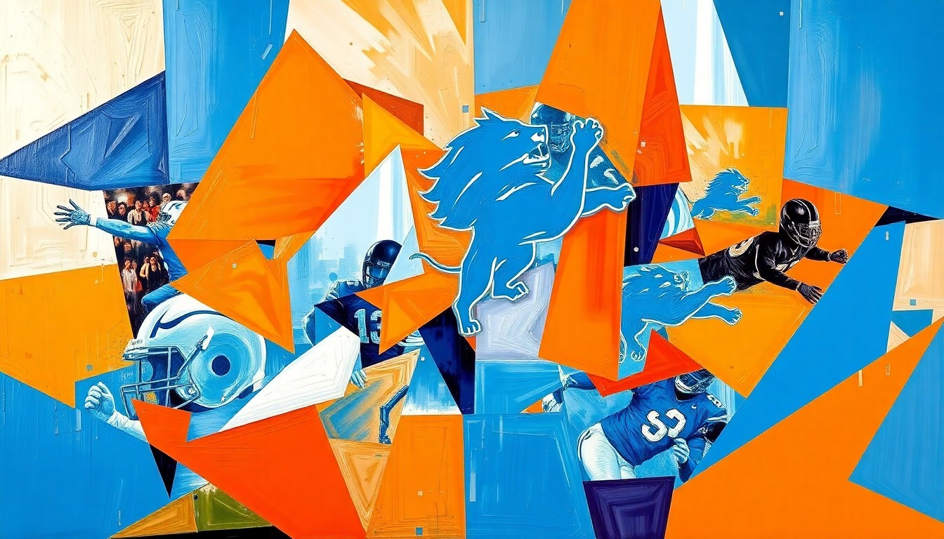 A cubist, geometric painting depicting a Detroit Lions football game, with the players and field broken down into sharp, overlapping planes of blue, silver, and orange, conveying the fractured nature of the team's pursuit of a Super Bowl appearance.