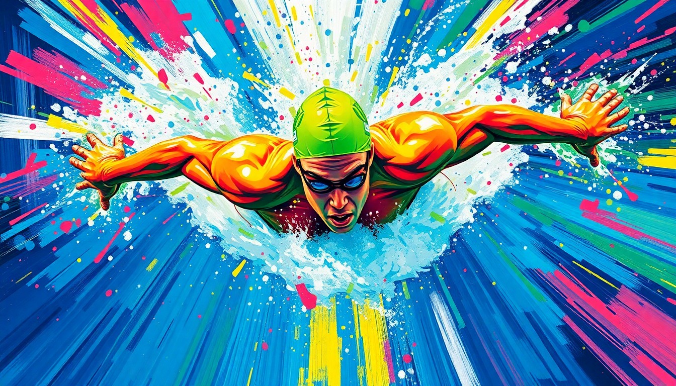 An abstract, expressionist painting in neon colors depicting the explosive energy and fluid motion of a swimmer racing the 100-yard butterfly event.
