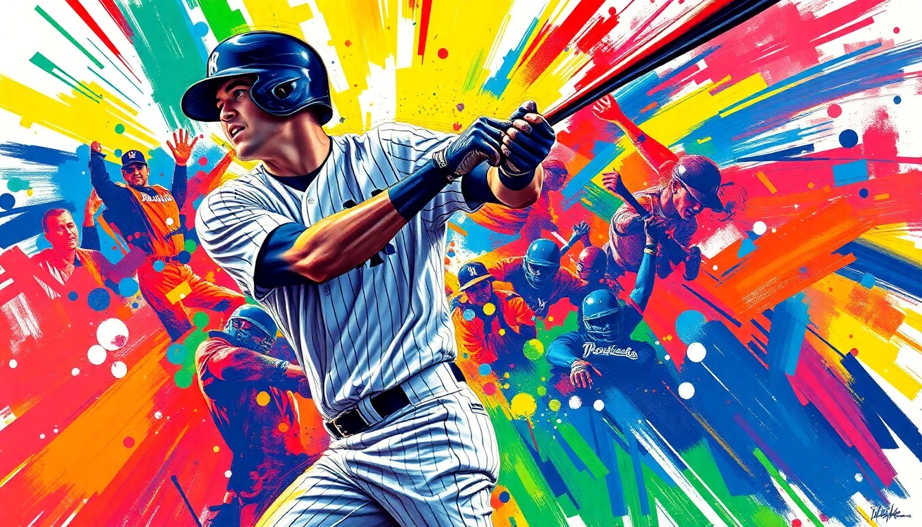 An abstract, expressionist painting using vibrant neon colors and rapid brushstrokes to capture the explosive energy and power of a baseball game, with the players' forms and movements dissolving into unrecognizable splatters of paint.