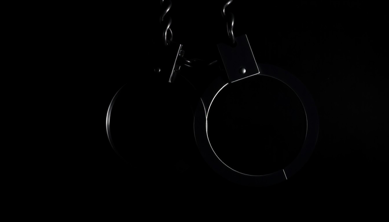 An extreme close-up of a pair of handcuffs against a pitch-black background, the metal reflecting a harsh, direct flash of light, creating a stark, gritty, investigative aesthetic.