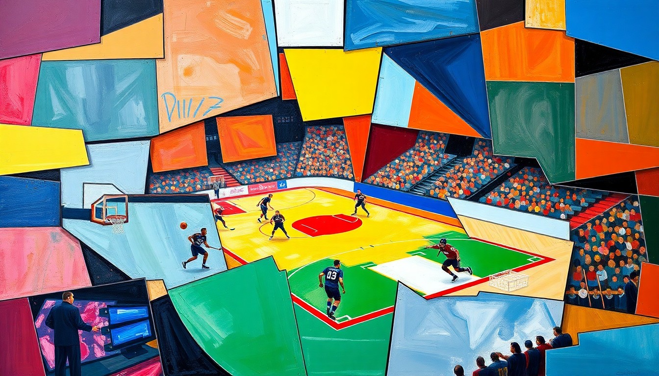 A fractured, geometric painting depicting the dynamic motion and energy of a basketball game, hockey match, or baseball diamond, with sharp planes of color representing the players, equipment, and field of play.