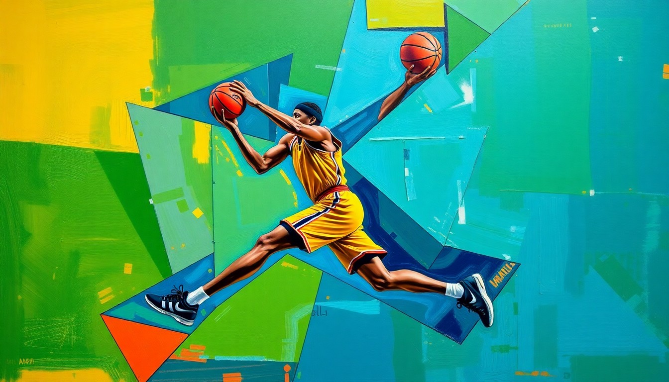 A fragmented, cubist-style painting depicting a basketball player in mid-motion, with sharp, overlapping geometric shapes in vibrant shades of green, blue, and orange, conceptually representing the dynamic energy of the playoffs.