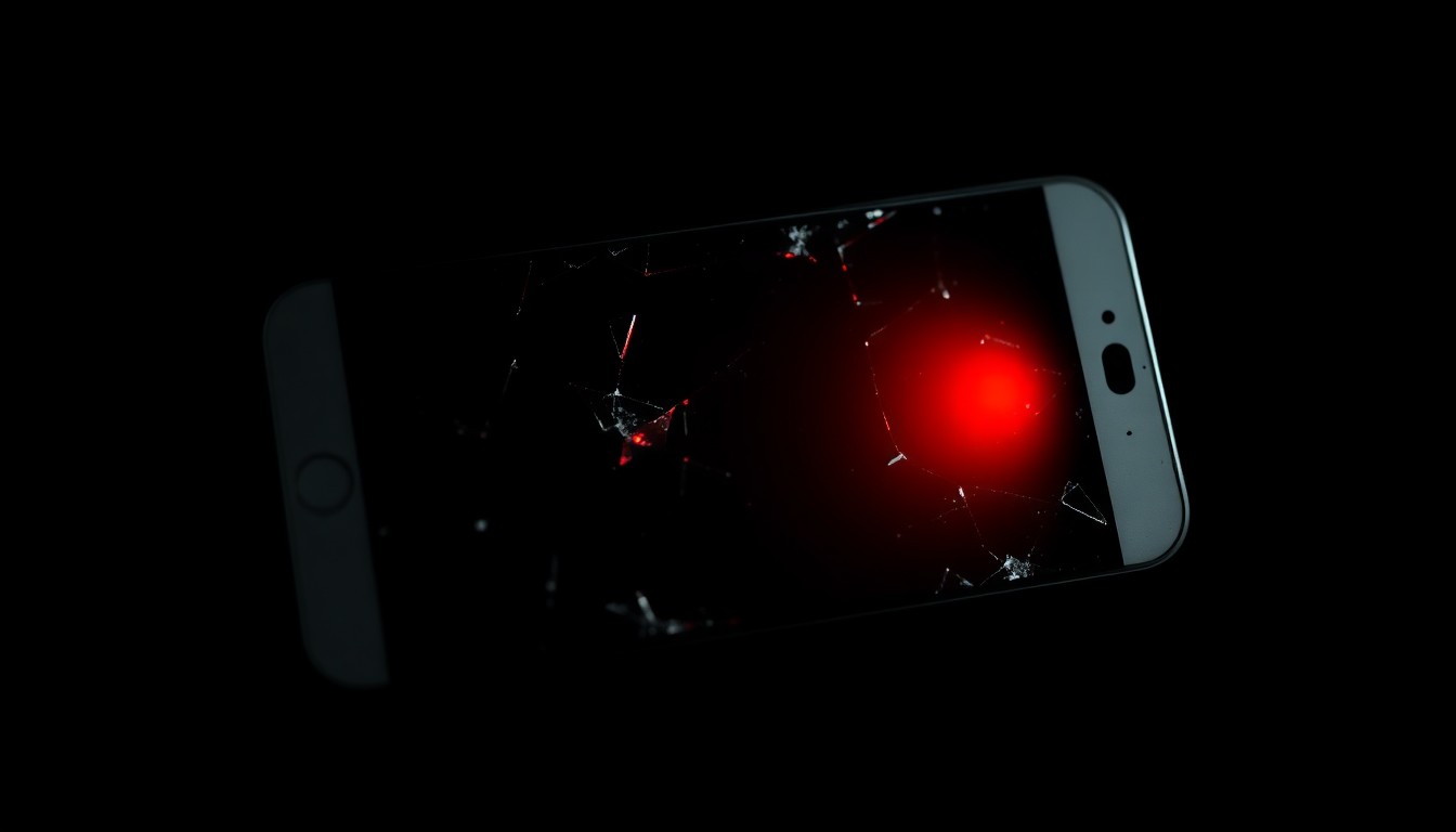 An extreme close-up photograph of a shattered cell phone screen, reflecting a faint red light, against a pitch-black background, conceptually representing the aftermath of a violent incident.