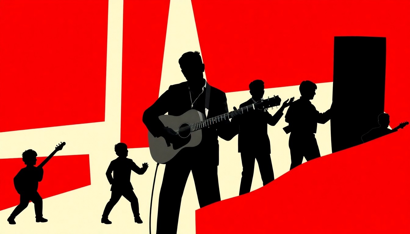 A striking abstract composition of jagged, geometric black silhouettes and bold splashes of red and white, conceptually representing the radical social commentary in Woody Guthrie's folk music.