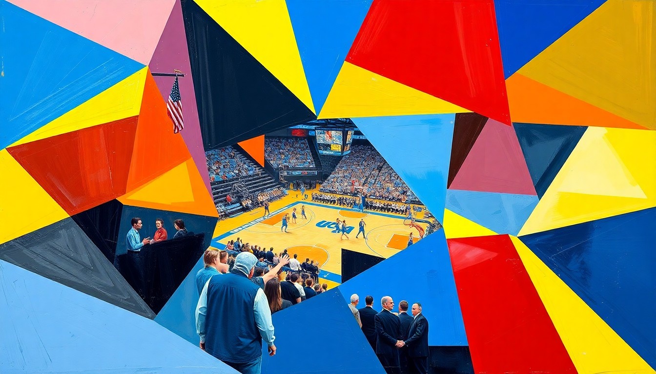 A cubist, geometric painting depicting a UCLA women's basketball game, with sharp, overlapping planes of the team's colors representing the dynamic action and energy of the sport.