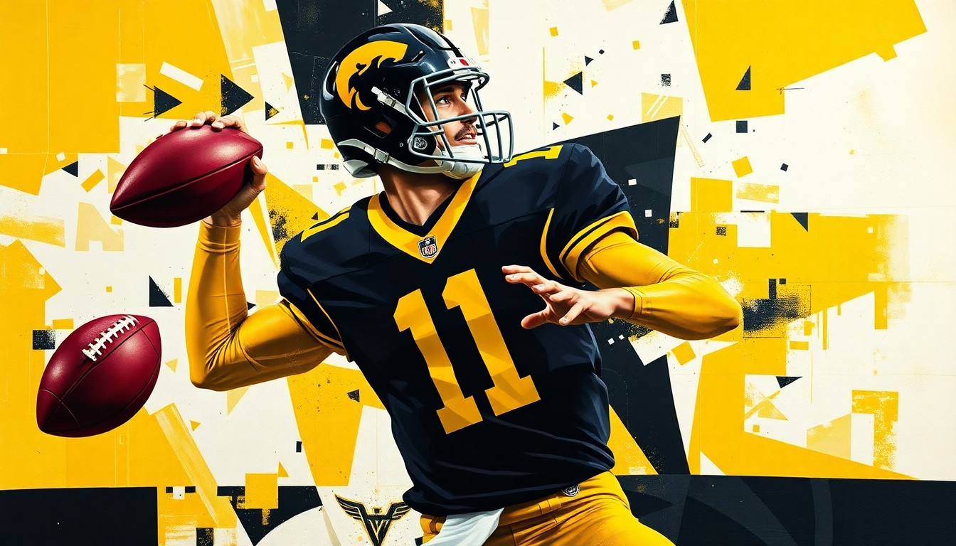 A cubist, geometric painting depicting a Vanderbilt football quarterback in motion, with sharp, overlapping planes of black, gold, and white conveying the dynamic energy and uncertainty of the team's quarterback competition.