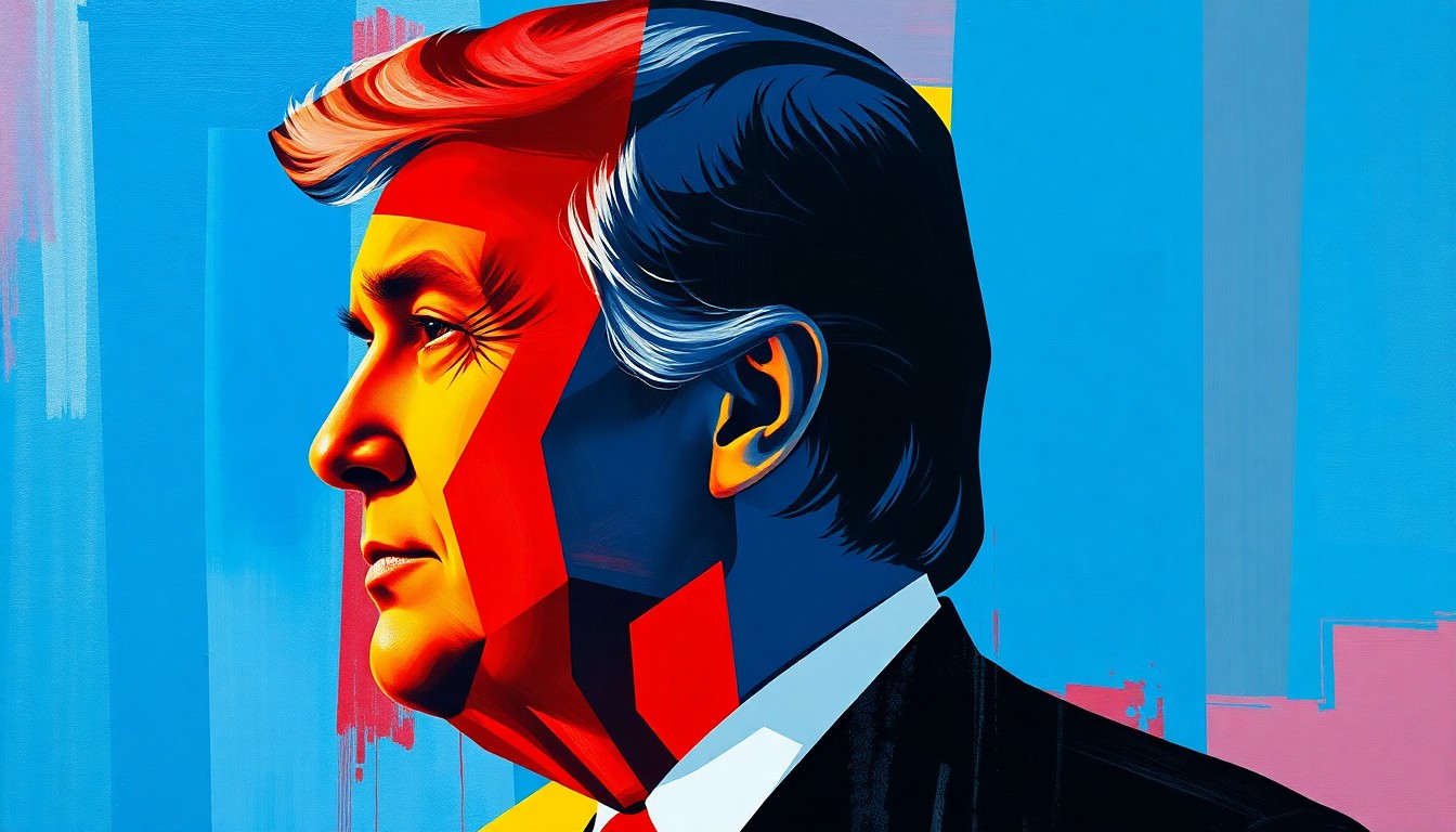 A dynamic, abstract painting featuring a politician's silhouette repeated in overlapping, fractured geometric shapes in vibrant colors, conveying the energy and uncertainty of the upcoming 2028 Democratic primary.