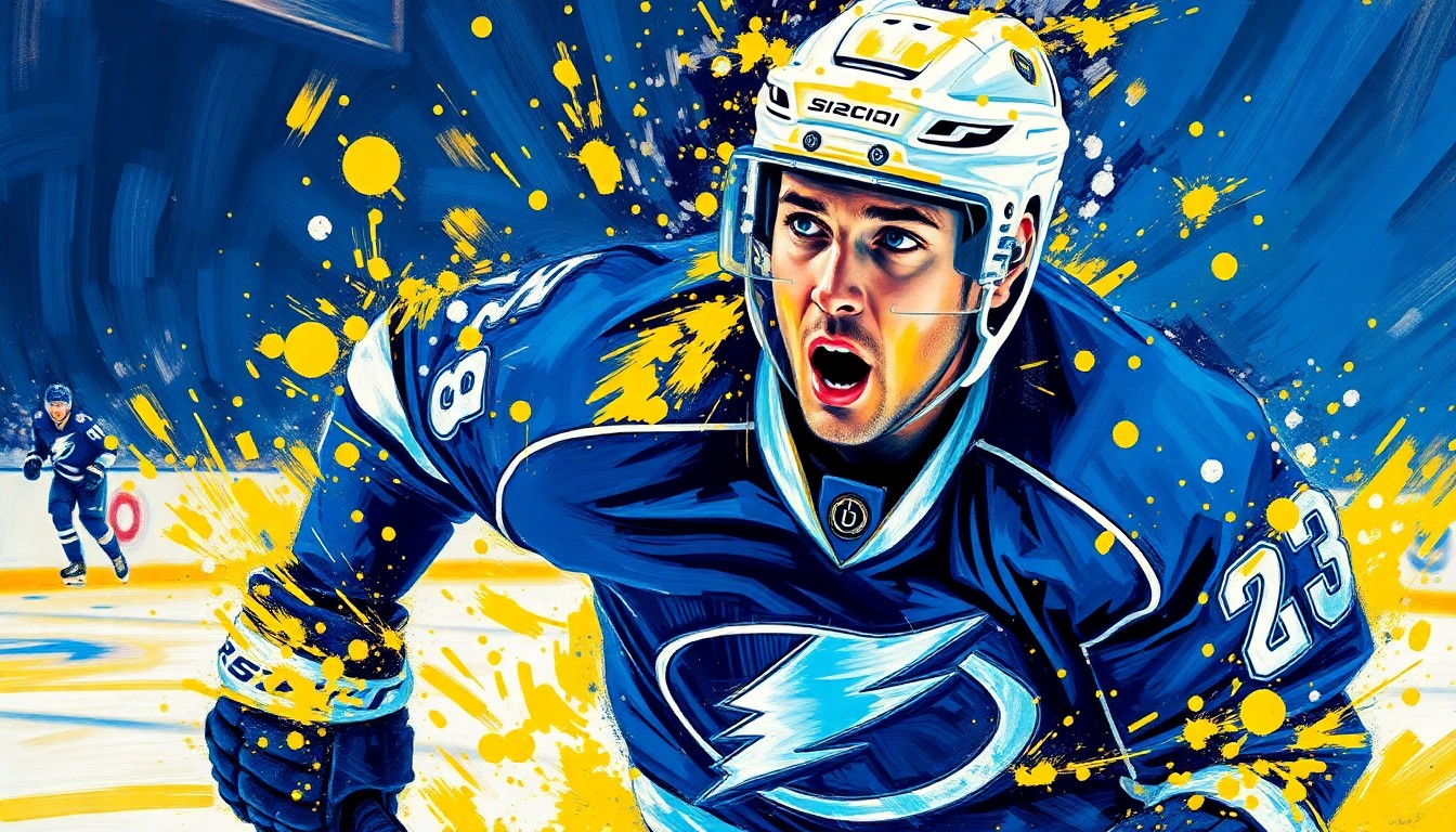 An abstract, energetic painting featuring bold brushstrokes of blue, white, and yellow, capturing the intensity and movement of a Tampa Bay Lightning hockey player in action.