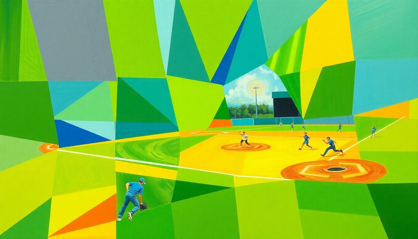 A vibrant, cubist-style painting depicting a high school softball game broken down into overlapping geometric shapes and planes of color, conveying the fast-paced action and competitive spirit of the sport.