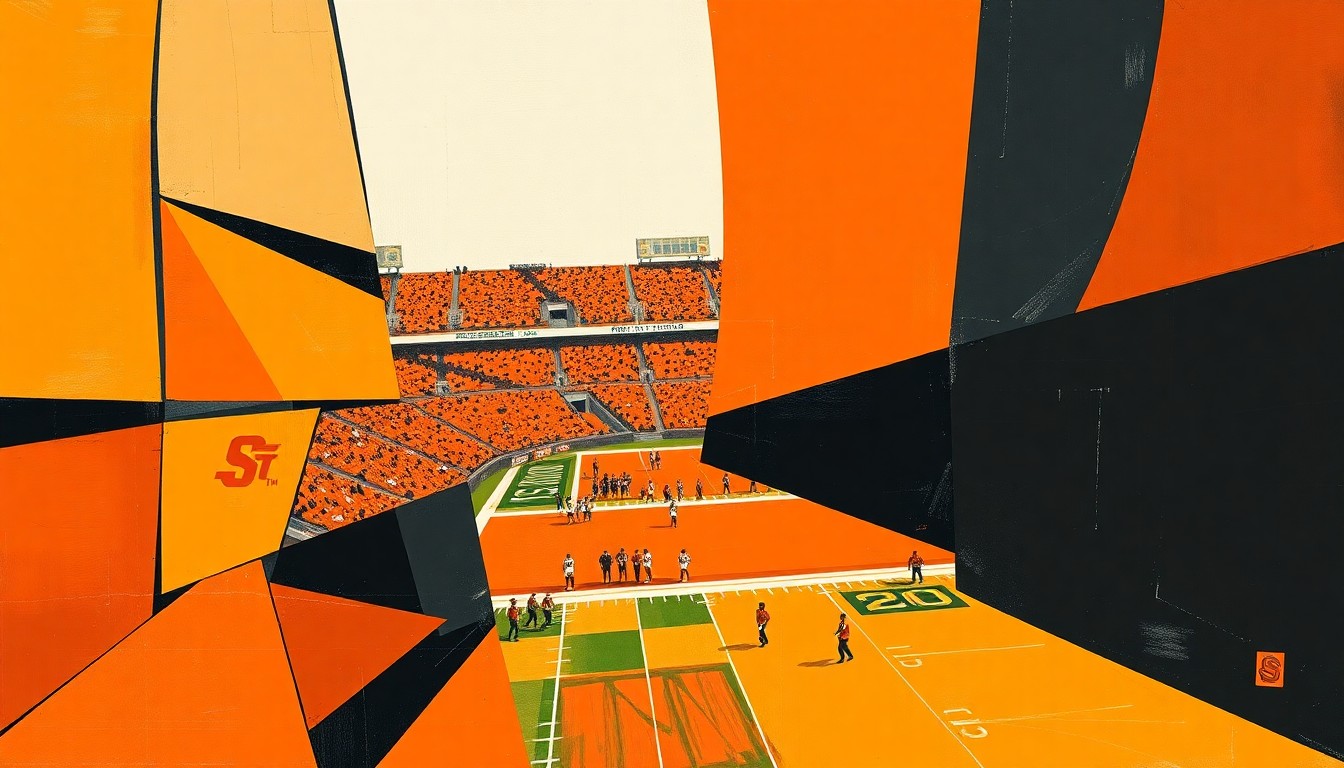 A cubist, geometric painting in shades of orange and black, breaking down a college football game into fragmented, overlapping shapes to capture the energy and anticipation of a new season.