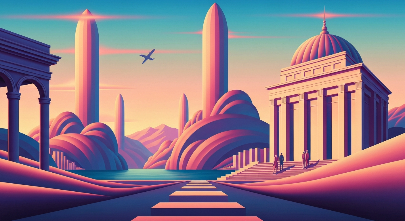 A stylized, Art Deco-inspired illustration depicting the grand scale and geometric forms of air travel, with sweeping gradients and towering perspectives, conveying the sense of uncertainty and disruption facing the industry and its passengers.