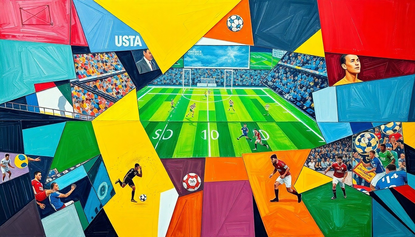 A fragmented, geometric painting depicting a football player in motion, with sharp, overlapping shapes and planes in a vibrant color palette, representing the dynamic nature of the story's subject matter.