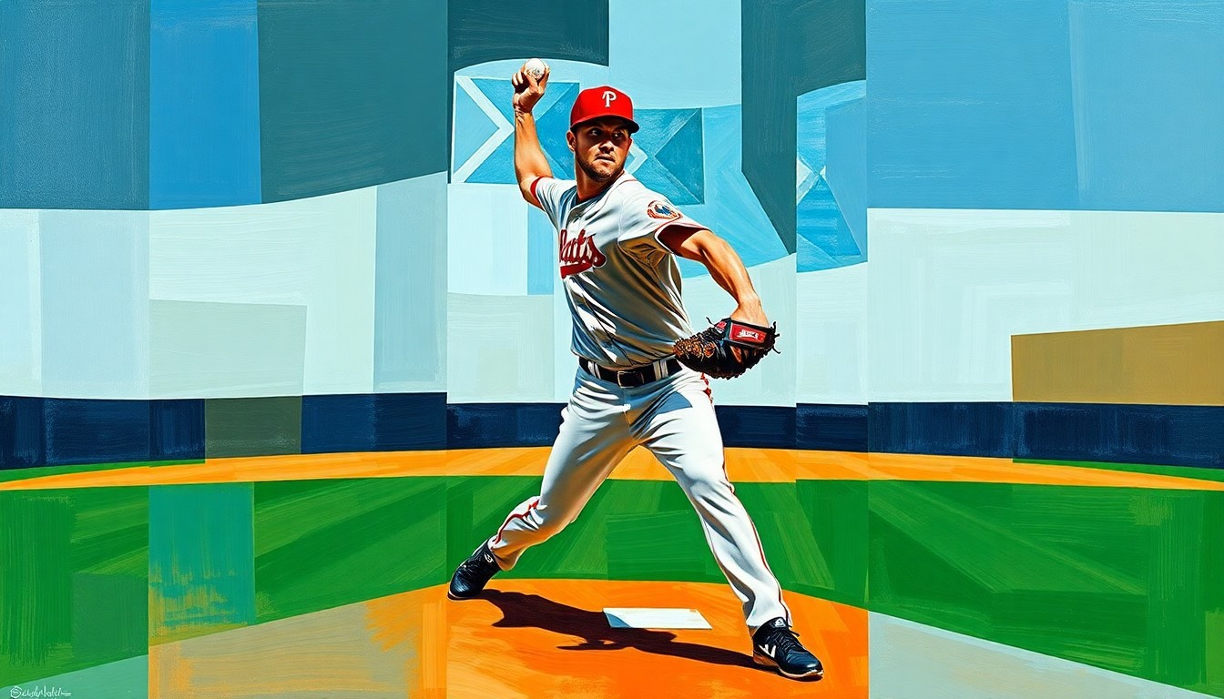 A fractured, geometric painting depicting the motion of a baseball pitcher, with sharp, overlapping planes representing the disruption and tension caused by the team's use of an opener strategy.