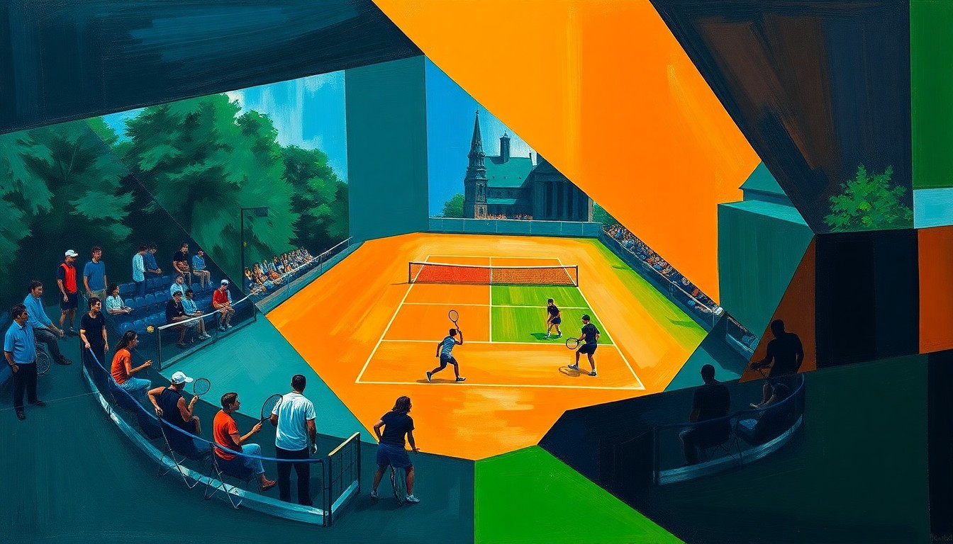 A cubist, geometric painting depicting a college tennis match, with sharp, overlapping planes of color representing the dynamic action on the court.