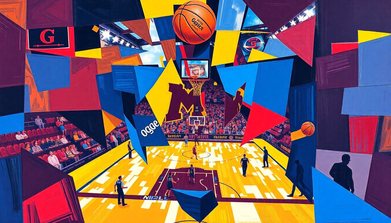 A cubist, geometric painting featuring overlapping planes of royal blue, maroon, and gold, capturing the dynamic energy and movement of a college basketball game.