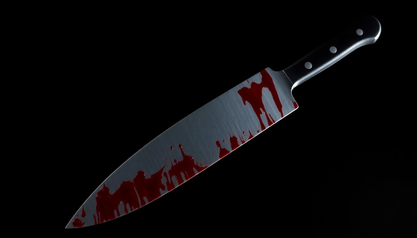 An extreme close-up of a blood-stained kitchen knife, the harsh lighting and dark background creating a stark, investigative aesthetic that conceptually represents the tragic nature of this domestic violence incident.