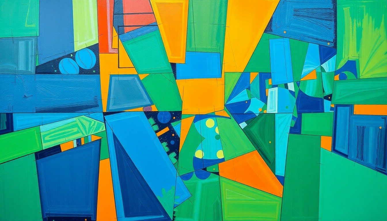 A fragmented, cubist-style painting depicting the dynamic movements and energy of a basketball game, with the players and court broken down into overlapping geometric shapes and planes in a bold color palette.