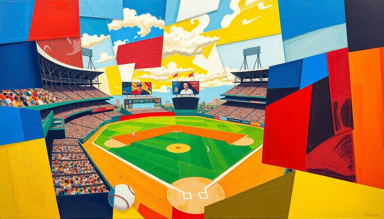 A fragmented, geometric painting in bold primary colors, depicting the abstract shapes and angles of a baseball game in motion, without any recognizable players or field elements.