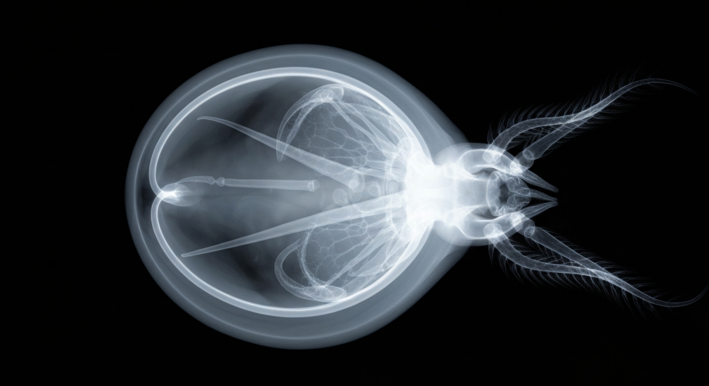 A ghostly, translucent X-ray image revealing the internal structure of a tick, with its legs and body defined by glowing lines against a dark background, conceptually illustrating the medical dangers of tick-borne illnesses.