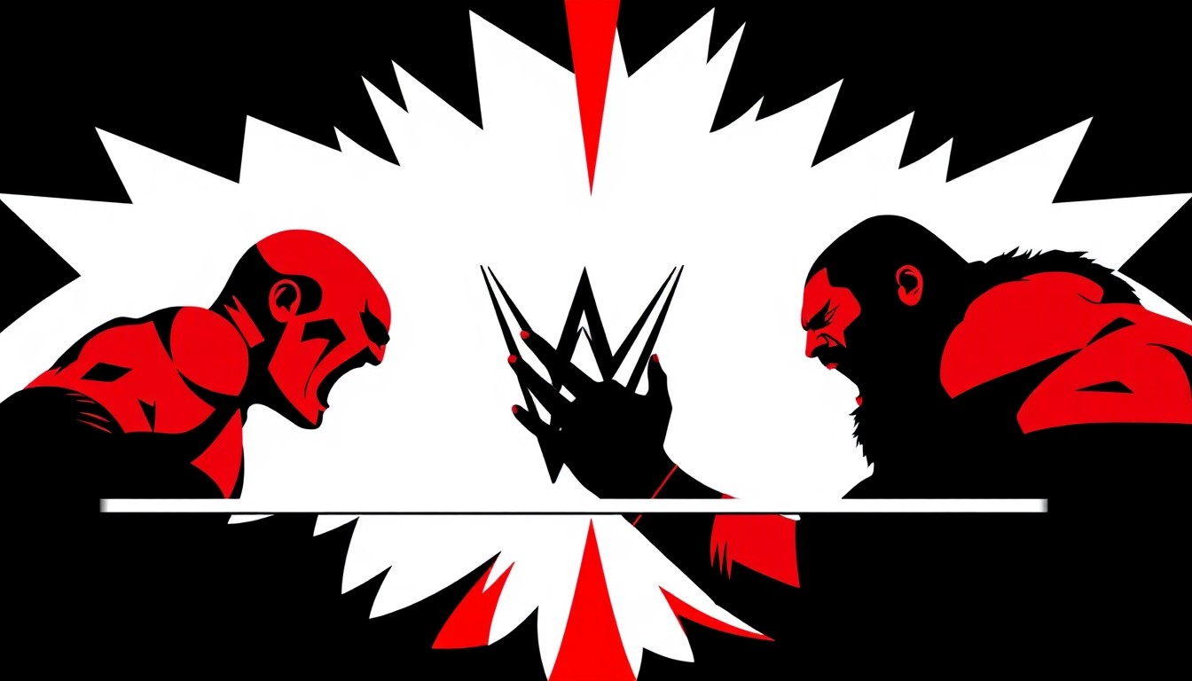 An abstract, minimalist illustration featuring sharp, angular black silhouettes of two wrestling figures in a dramatic pose, set against a high-contrast background of solid red and white shapes, conceptually representing the intensity and anticipation of the upcoming WrestleMania match.