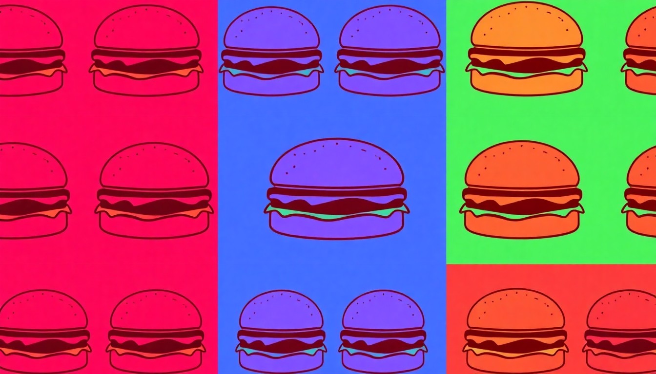 A highly stylized, pop art-inspired illustration featuring a repeated grid of a single, iconic burger icon rendered in vibrant neon colors with heavy black outlines, conceptually representing the celebration of a local restaurant's culinary achievement.