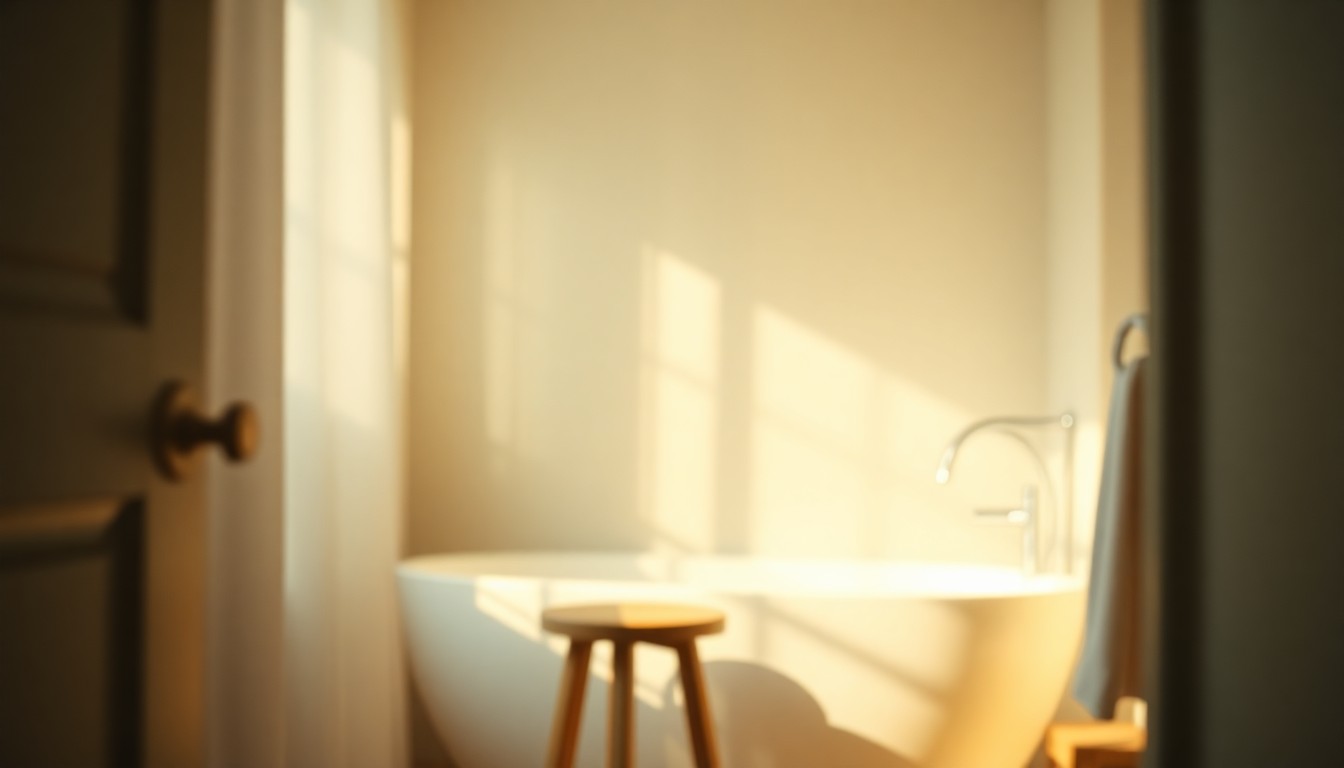 An extremely abstracted, out-of-focus photograph of a cozy bathroom interior, with a wooden stool or chair visible in the foreground. The scene is bathed in warm, diffused light, creating a serene and inviting atmosphere.