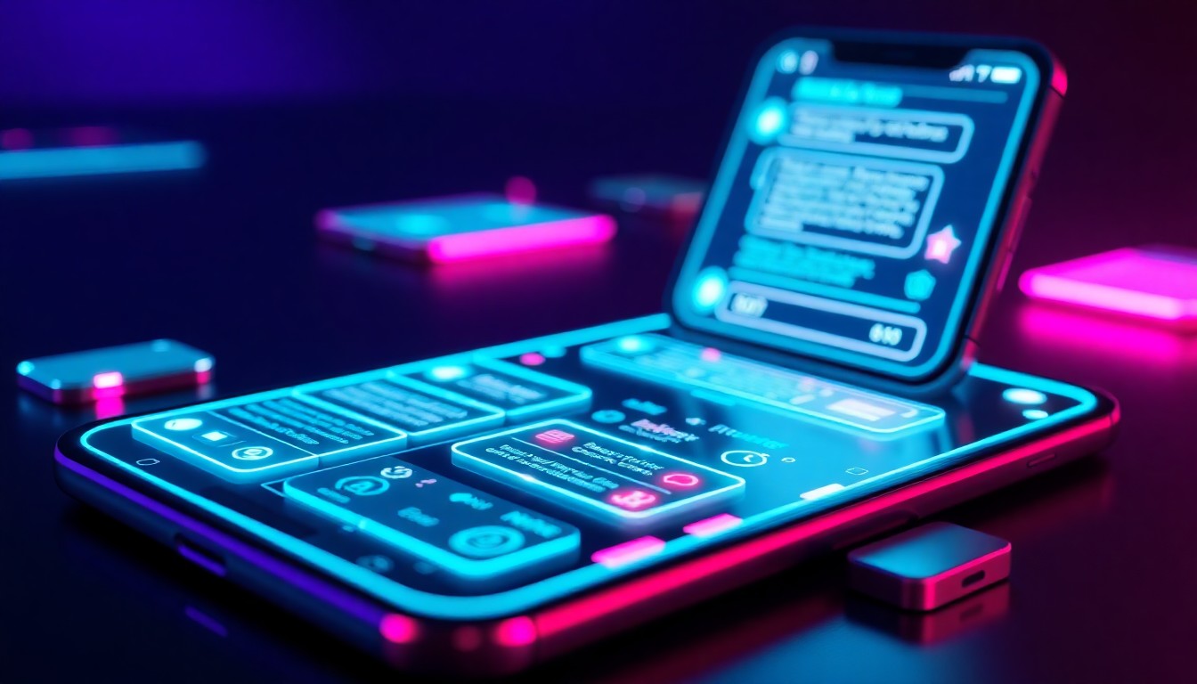 A highly detailed, glowing 3D illustration of a secure messaging app interface, with neon cyan and magenta lights illuminating the various UI elements, conceptually representing the app's focus on privacy and encryption.