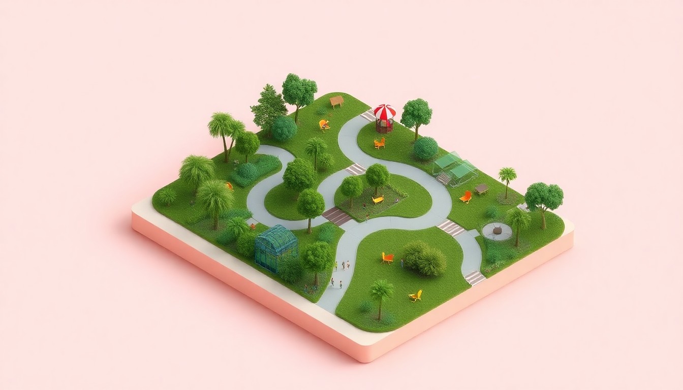 A stylized, isometric 3D illustration depicting a miniature public park with lush greenery, winding paths, and various recreational amenities, conceptually representing the new Arts Landing space in downtown Pittsburgh.