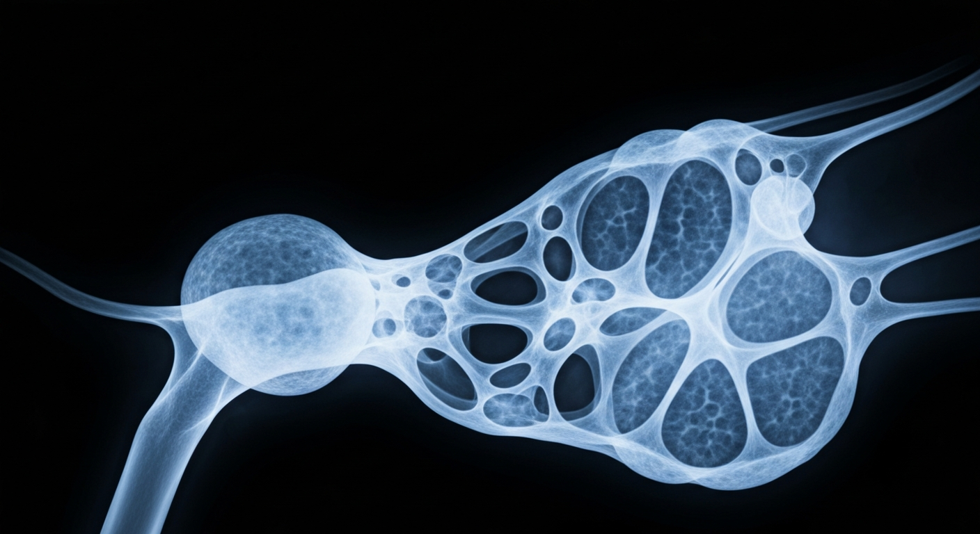 An extreme close-up X-ray image showing the intricate network of vessels and nodes within a human lymph node, glowing against a dark background to represent the internal workings of the body's immune system.