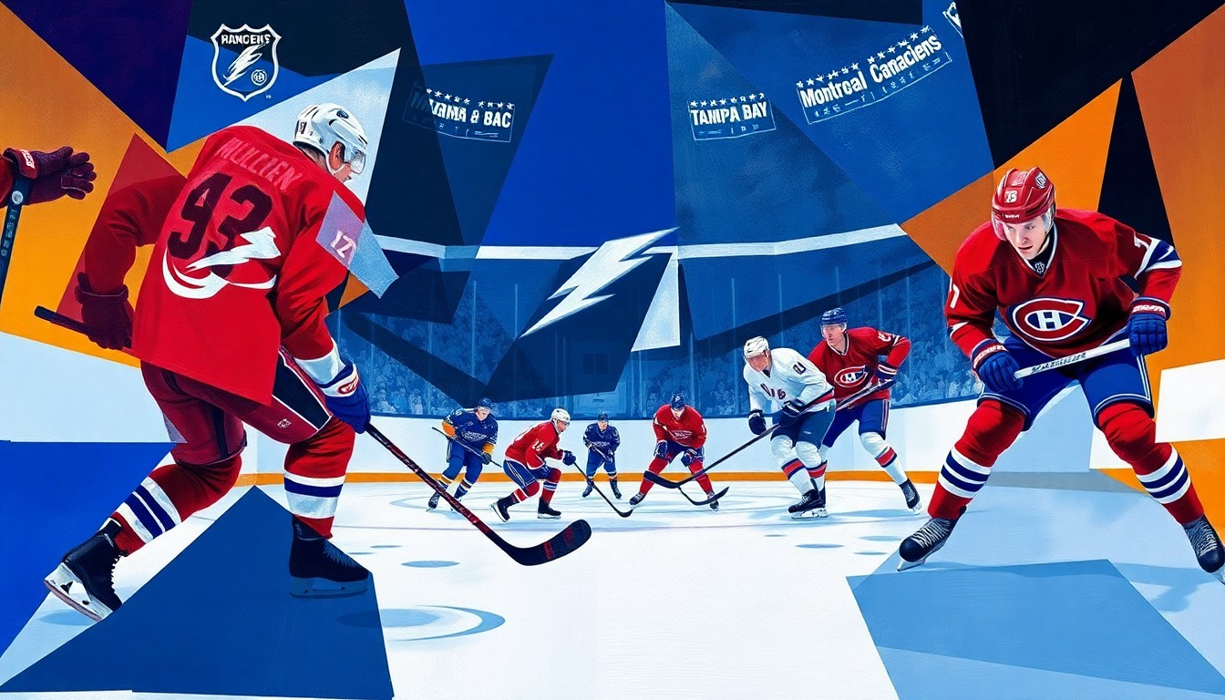 A cubist, geometric painting depicting an abstracted hockey game between the Tampa Bay Lightning and Montreal Canadiens, with the players' forms broken down into overlapping angular shapes in the teams' official colors.