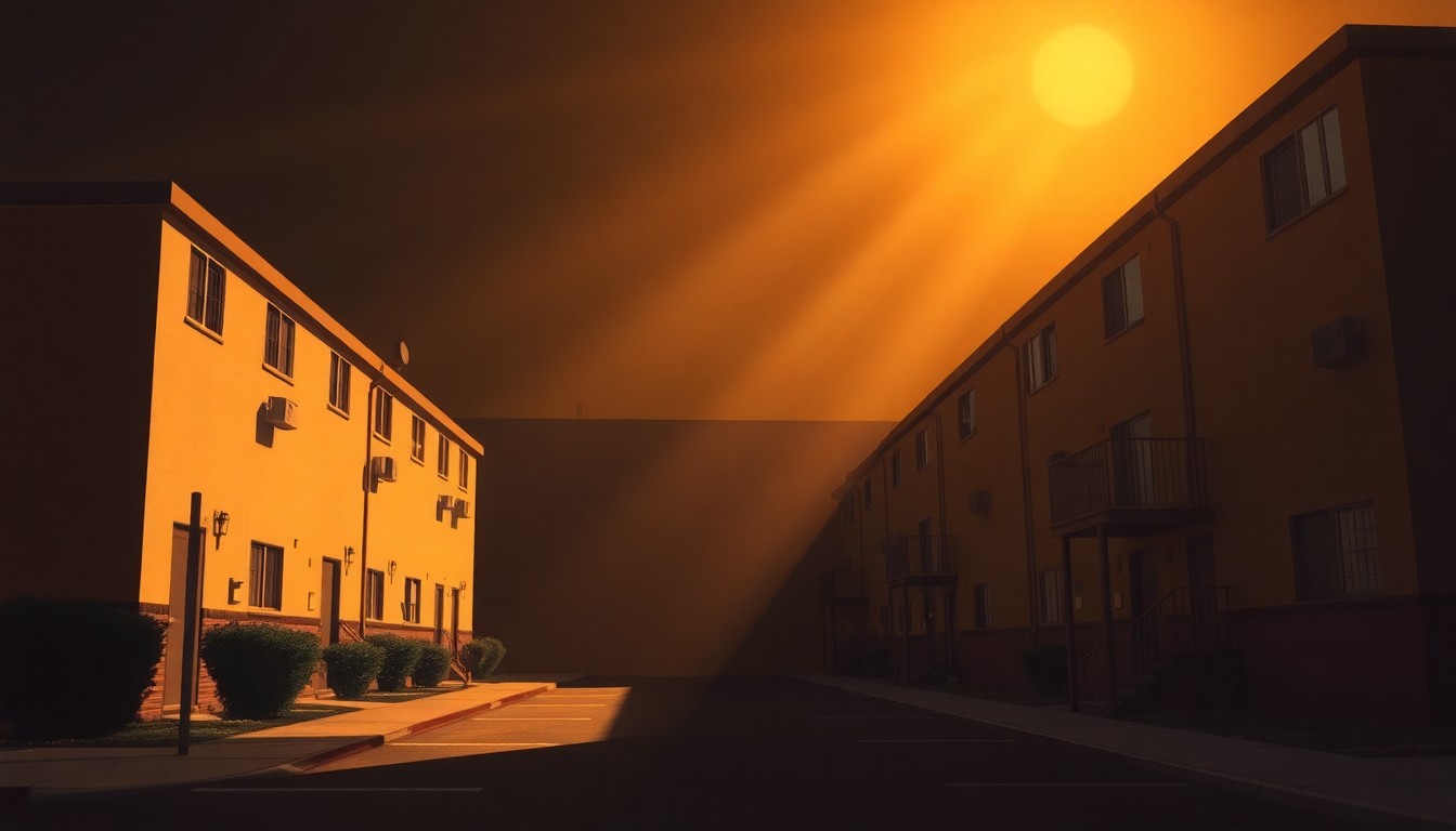 A serene, realistic painting of a multi-story affordable housing complex in warm, muted tones, capturing the quiet contemplation and nostalgia of the urban landscape.