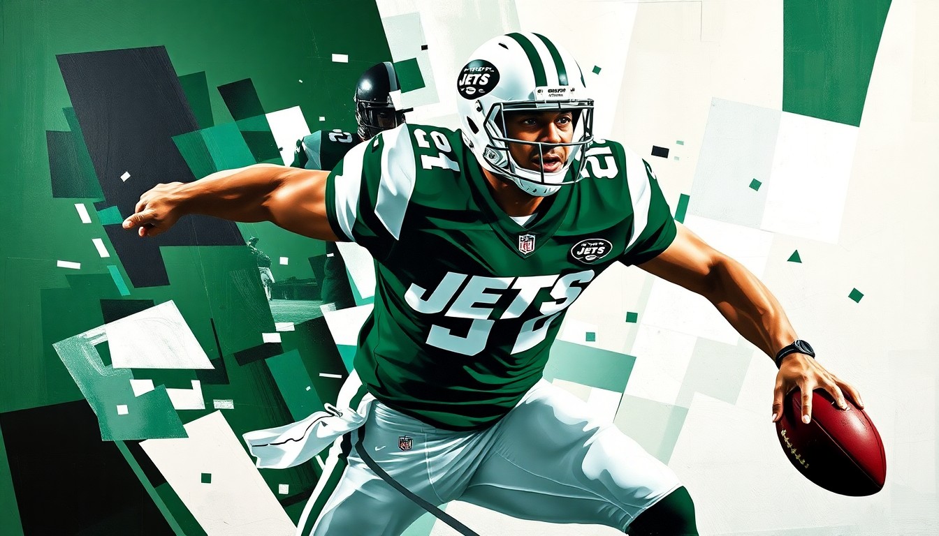 A fragmented, cubist-style painting depicting a football player in the midst of a pass rush, with sharp geometric shapes and planes in the colors of the New York Jets - forest green, white, and black - conceptually representing the difficult decision facing the team's front office.