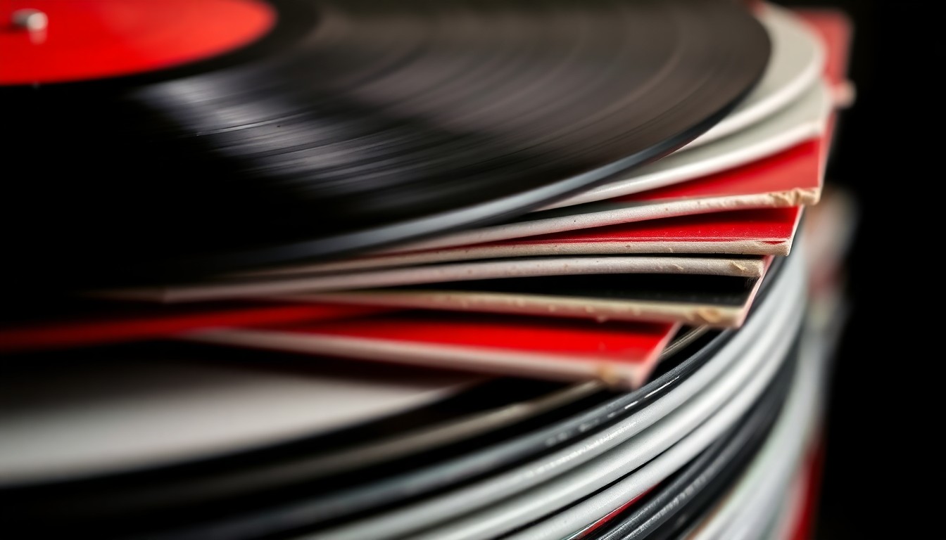 An extreme close-up photograph of a stack of vintage vinyl records, capturing the rich, textured surfaces of the album covers in dramatic high-contrast lighting, conceptually representing the nostalgia and glamour of classic rock and roll.