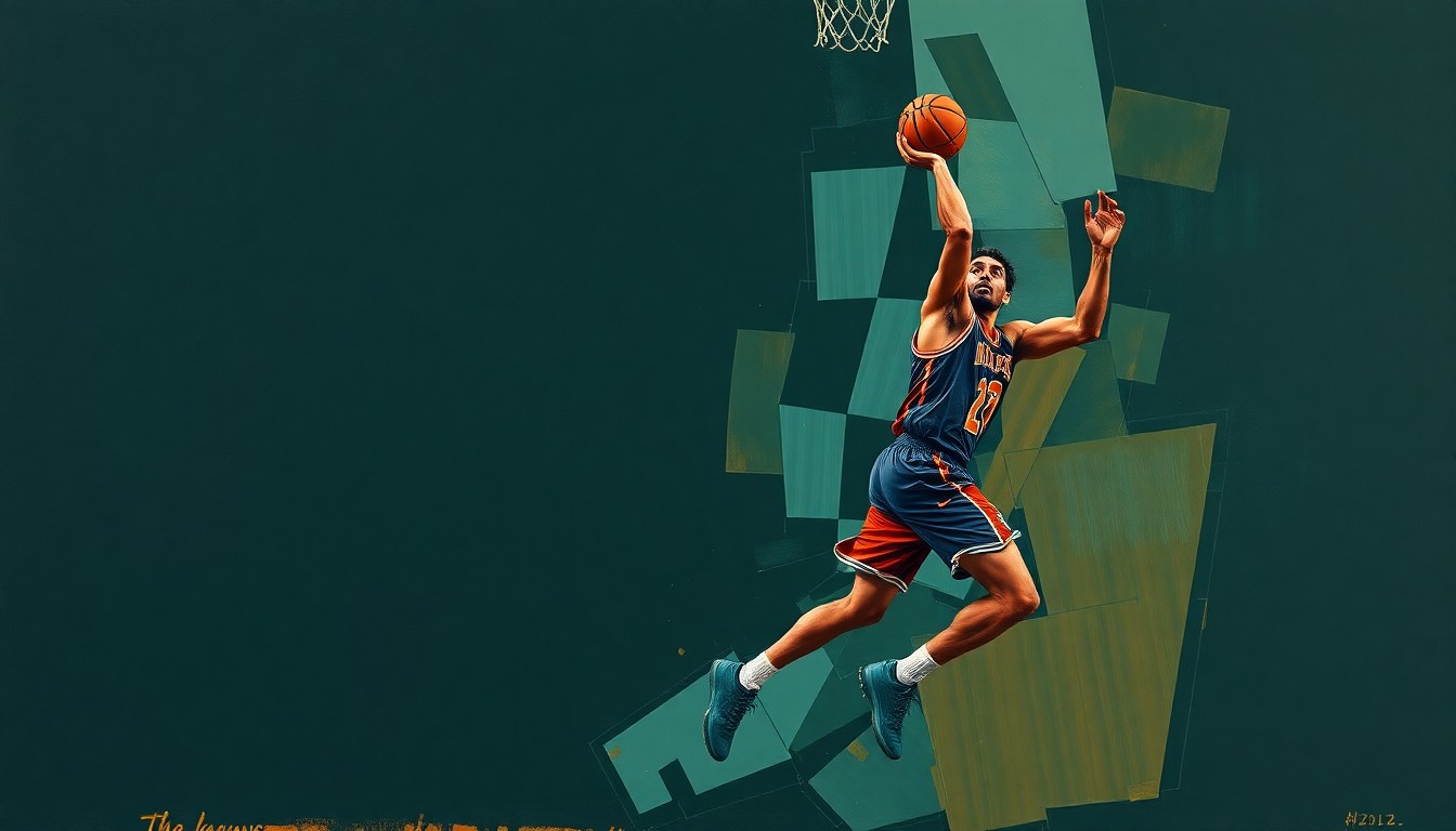 A fragmented, cubist-style painting depicting a basketball player in motion, with their form broken down into sharp, angular shapes and planes in muted shades of navy, green, and orange, conveying the idea of a player's limited impact and role.