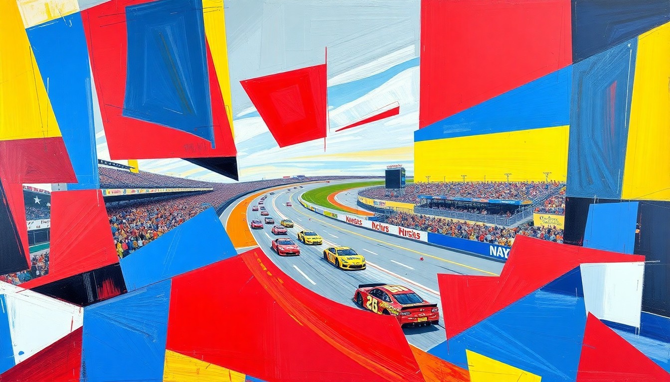 A fractured, geometric painting depicting the overlapping movements and perspectives of a NASCAR race, with sharp planes of vibrant red, blue, and yellow colors.