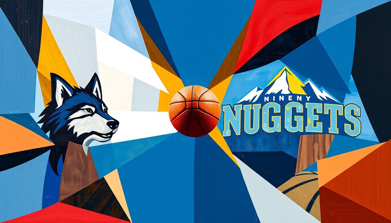 A cubist-style painting depicting a basketball game or match broken down into sharp, overlapping geometric shapes in the team colors of the Minnesota Timberwolves and Denver Nuggets, conveying the fragmented and inconsistent nature of the NBA's 65-game rule.
