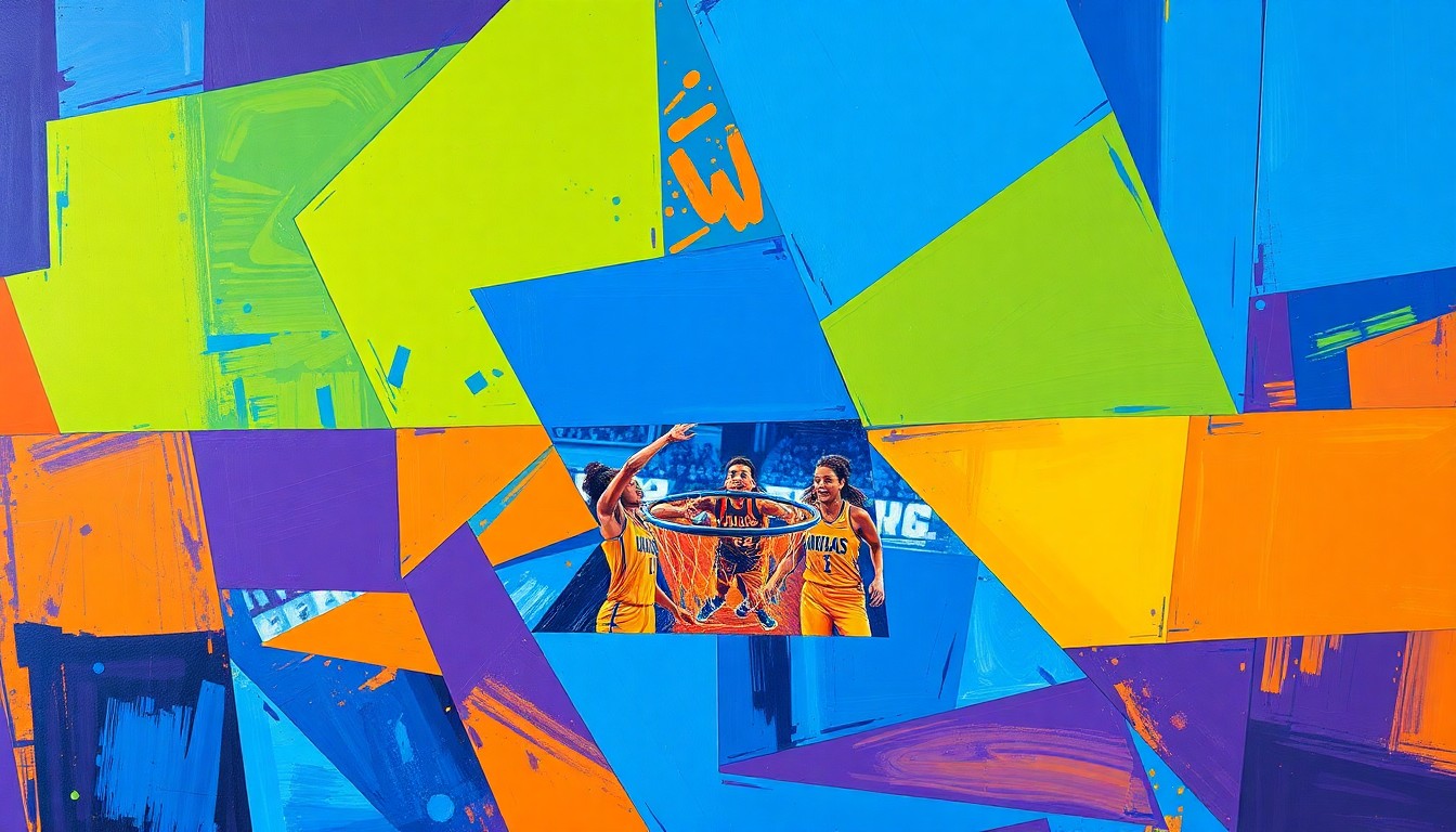 A fractured, cubist-style painting depicting the dynamic movements and energy of a WNBA basketball game, with sharp geometric shapes and vibrant colors capturing the essence of the sport.