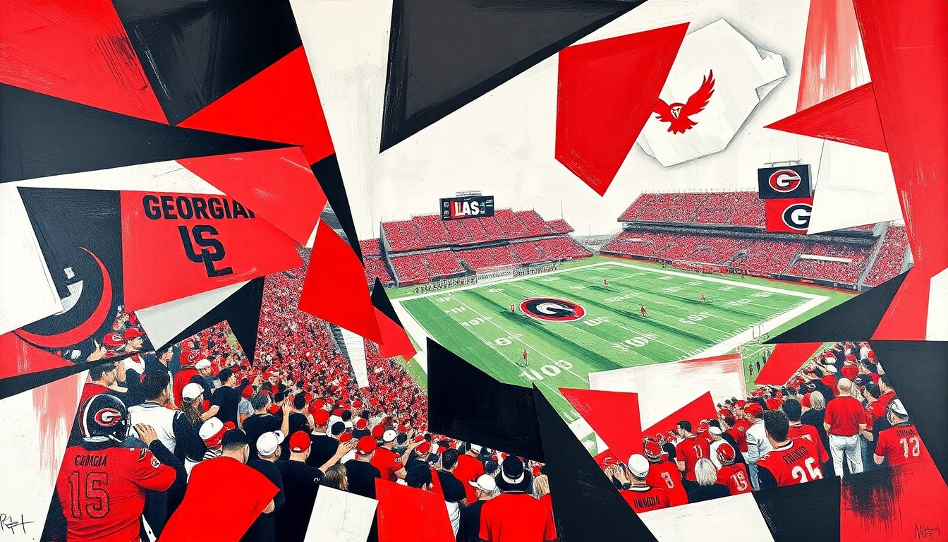 A cubist, geometric painting depicting a Georgia Bulldogs football game, with the players and field broken down into sharp, overlapping planes of red, black, and white colors, capturing the chaotic nature of injuries disrupting the team's preparations.