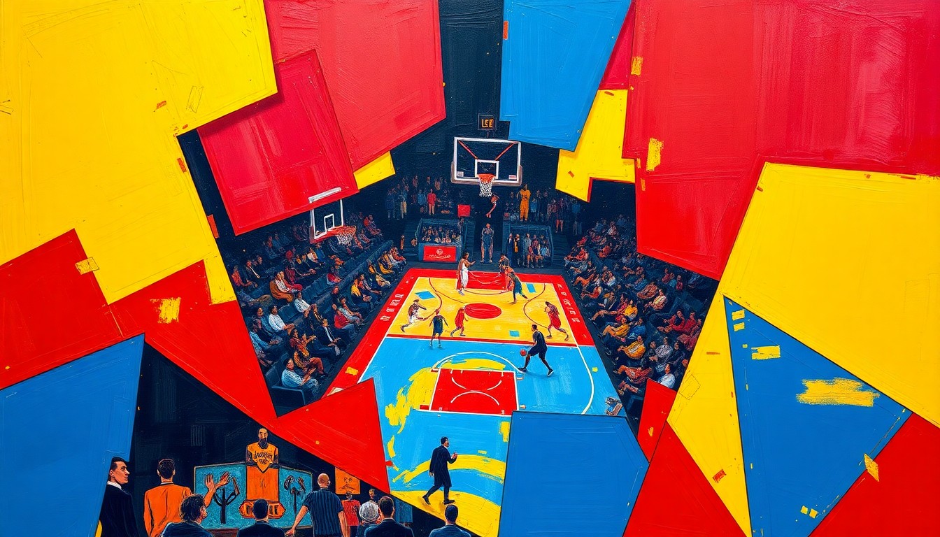 A fragmented, geometric painting depicting a basketball game between the Hawks and Knicks, with sharp, overlapping shapes and planes in vibrant colors conveying the energy and competitive spirit of the matchup.