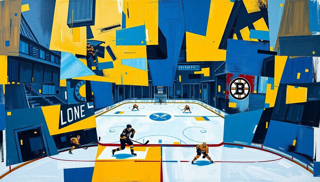 A fractured, cubist-style painting depicting a hockey game between the Buffalo Sabres and Boston Bruins, with the players and arena rendered in sharp, overlapping geometric shapes and planes of vibrant blue, gold, and black colors.