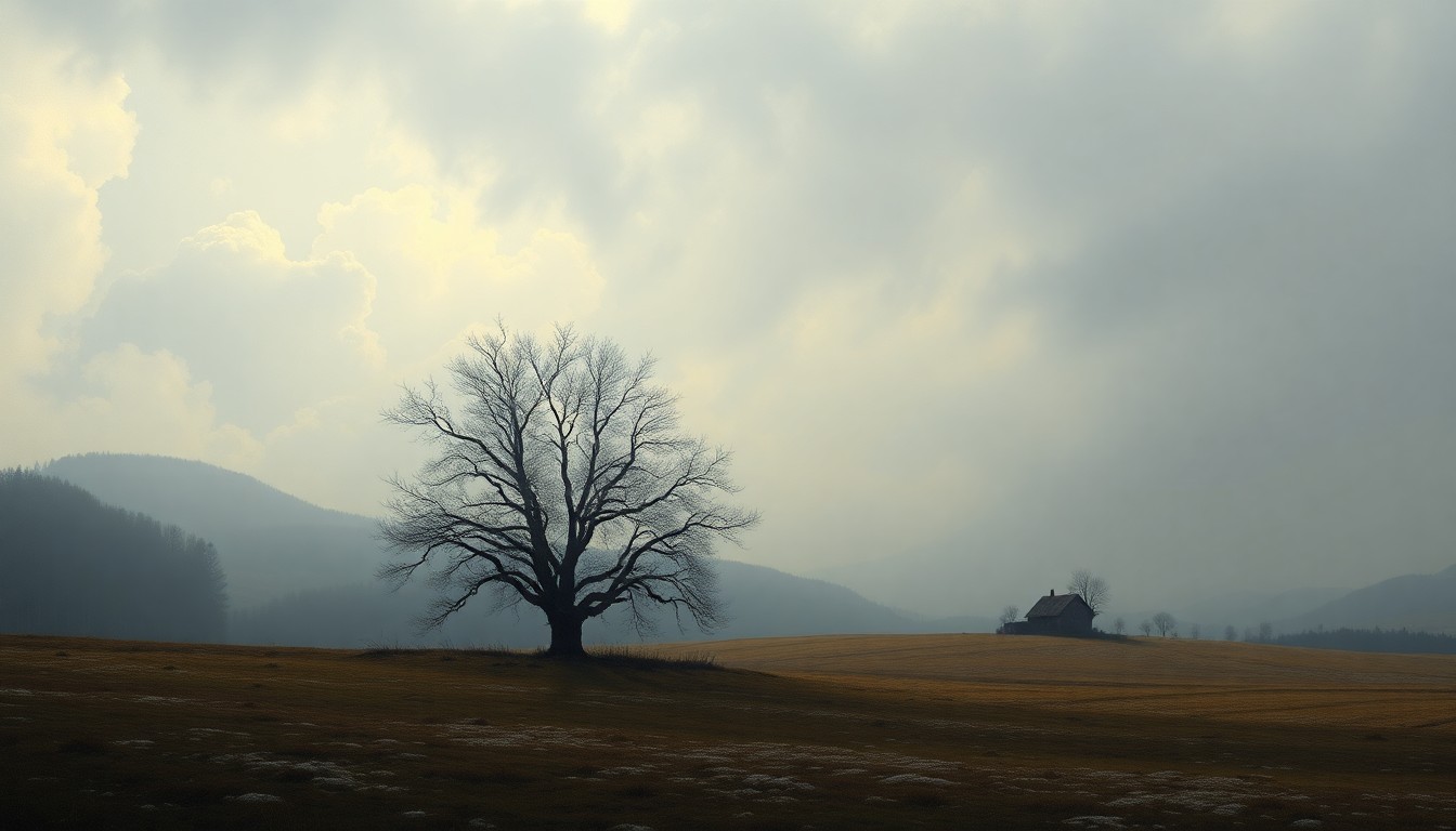A sweeping, majestic landscape painting in muted tones of gray, blue, and green, with a lone bare tree or farmhouse structure dwarfed by the expansive, hazy sky, conveying the sublime scale and power of the natural world.