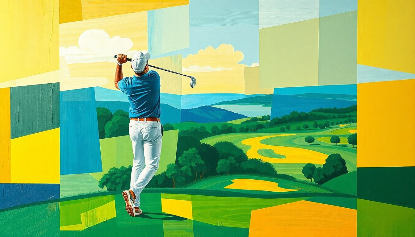 A fragmented, geometric painting depicting a golfer's swing and the surrounding golf course landscape, rendered in a cubist style with sharp, overlapping planes of green, blue, and yellow.