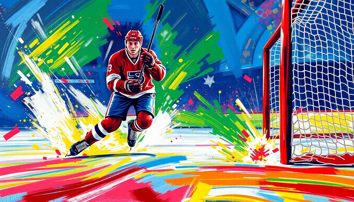 An abstract, energetic painting featuring bold, neon-colored brushstrokes that capture the dynamic motion and raw power of a hockey player scoring a goal, conveying the excitement and anticipation surrounding Connor Bedard's upcoming contract extension with the Chicago Blackhawks.