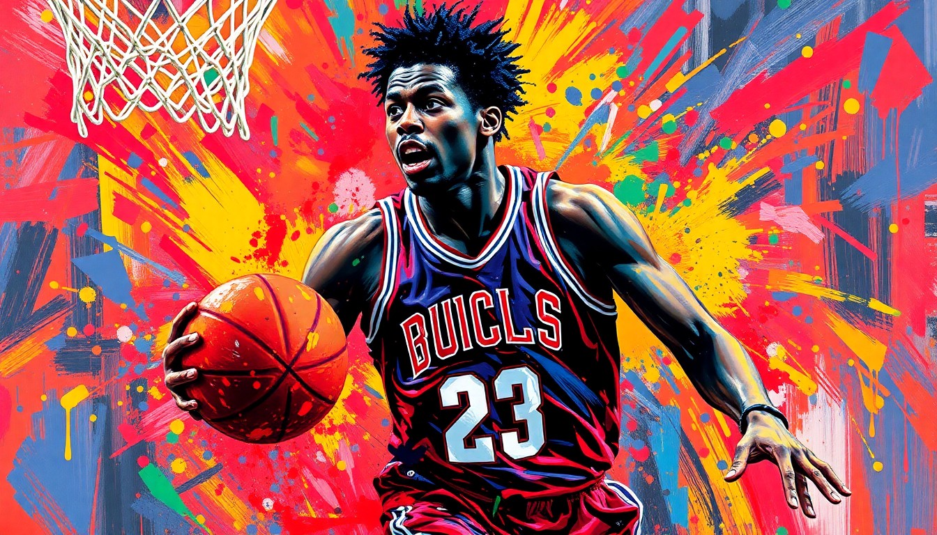 An abstract, expressionist painting featuring rapid, neon-colored brushstrokes that capture the motion and energy of a basketball player driving to the hoop, with his face and jersey dissolving into unrecognizable splatters of paint.