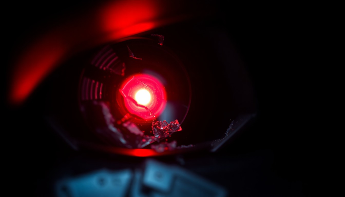 An abstract, high-contrast close-up image of a shattered, reflective surface, conveying the legal troubles and controversies surrounding a former child actor.