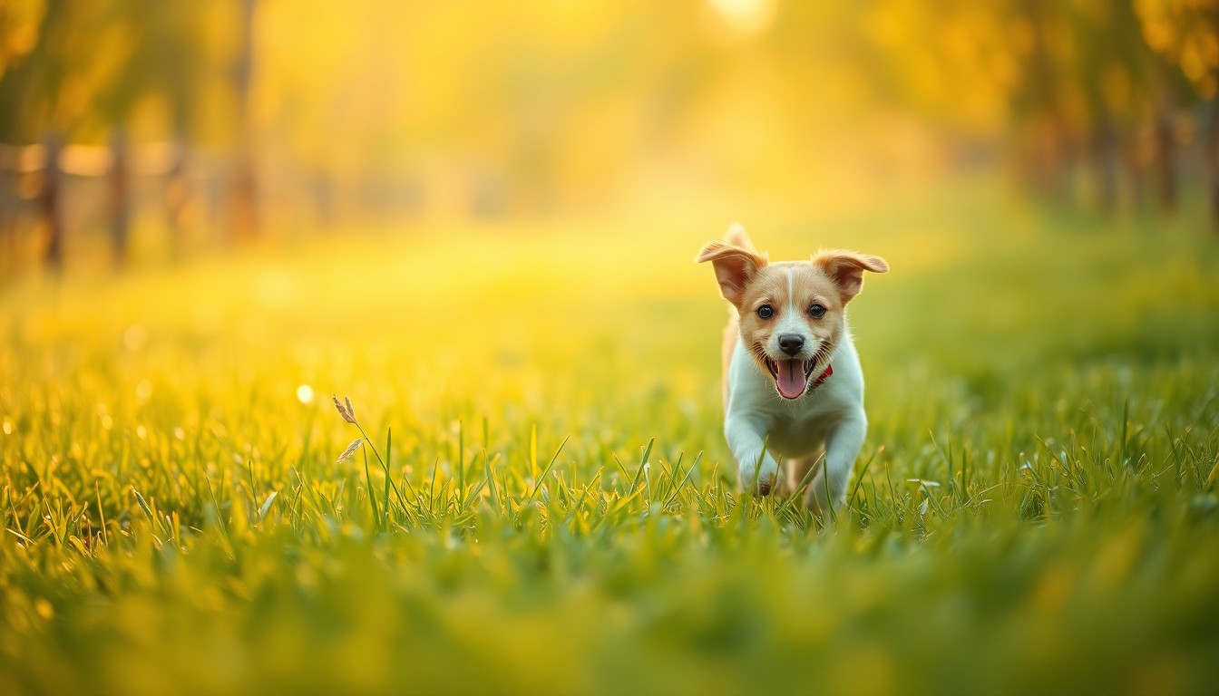 An extremely abstracted, out-of-focus photograph in soft pools of warm color and light, depicting a playful dog running through a grassy field, conceptually representing Oma's transformation and new lease on life.