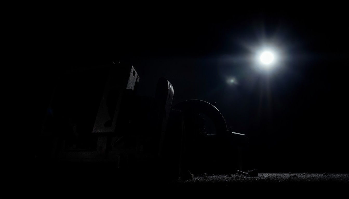 An extreme close-up photograph of a damaged tractor-trailer part or piece of equipment, lit by a harsh, direct camera flash against a pitch-black background, conceptually illustrating the gritty investigation into a fatal commercial vehicle crash.