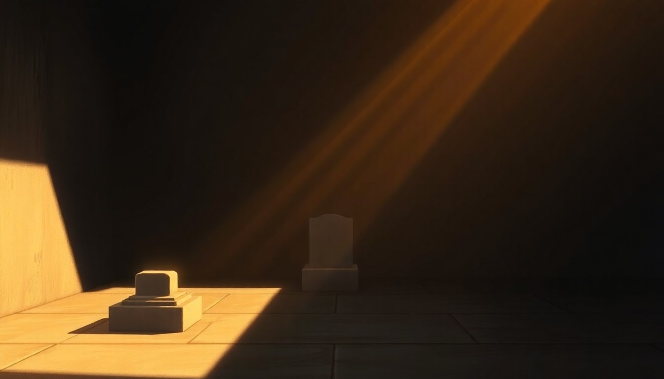A serene, cinematic painting depicting a solitary memorial object or setting, bathed in warm, diagonal sunlight and deep shadows, conveying a sense of quiet contemplation and resilience.