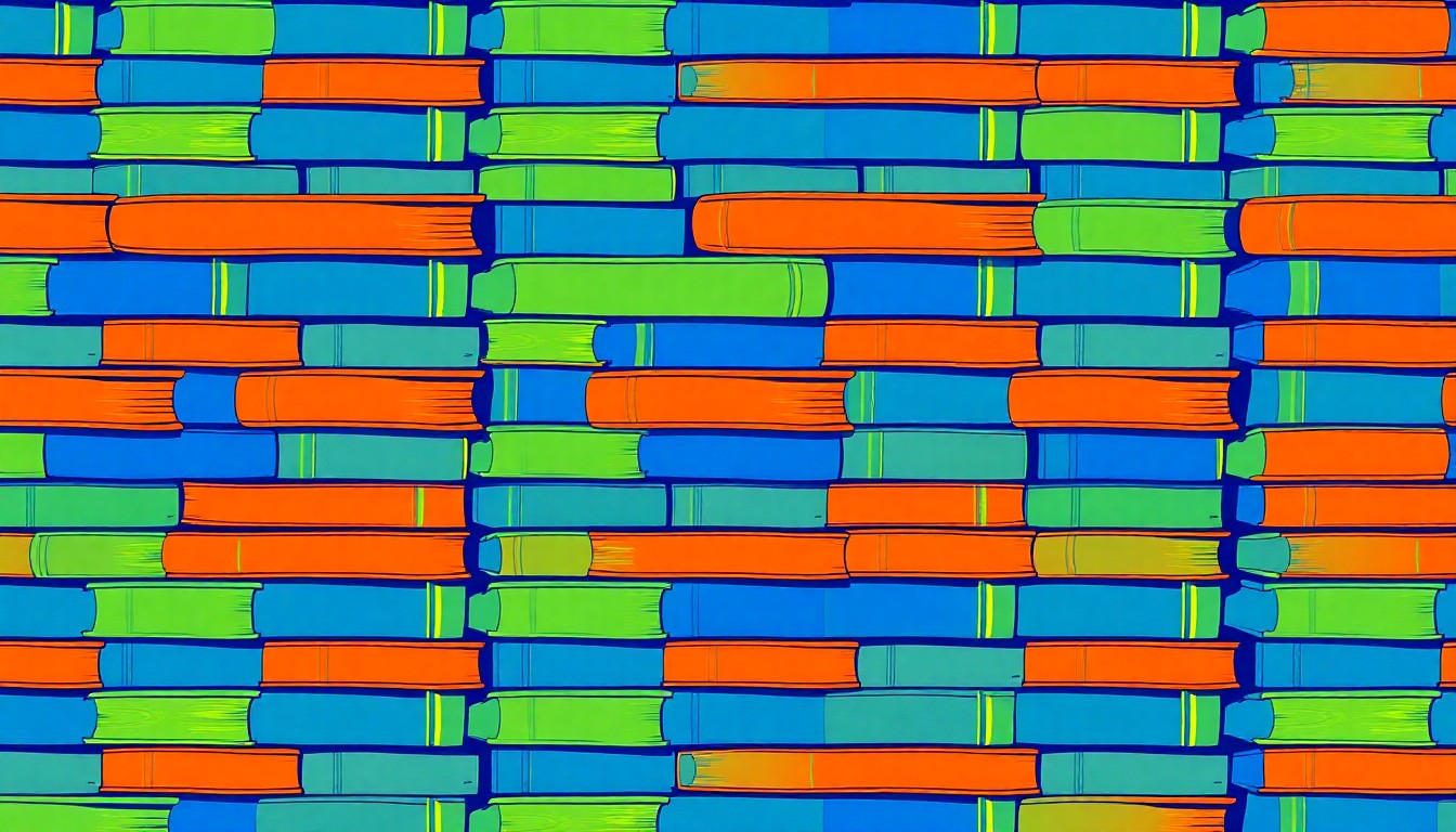 A vibrant, pop art-inspired grid of stylized textbooks in bright, overlapping shades of blue, green, and orange, conceptually representing the educational focus and rigorous review process for new charter schools.